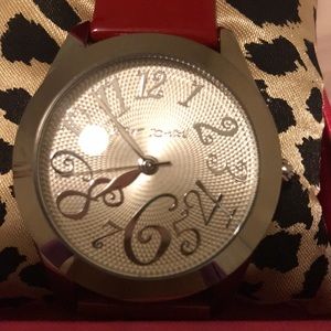 Betsey Johnson Red Pleather Silver Face Watch